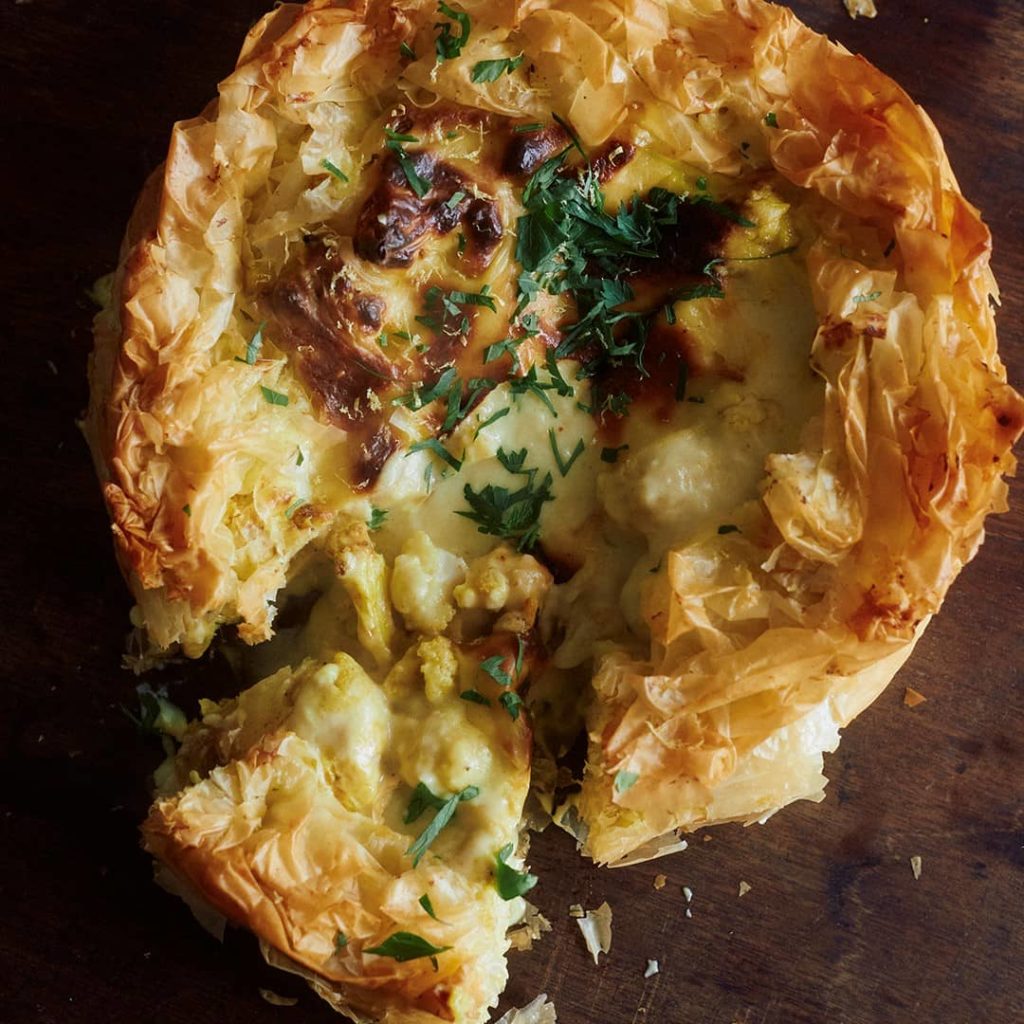 Curried Cauliflower Cheese Filo Pie