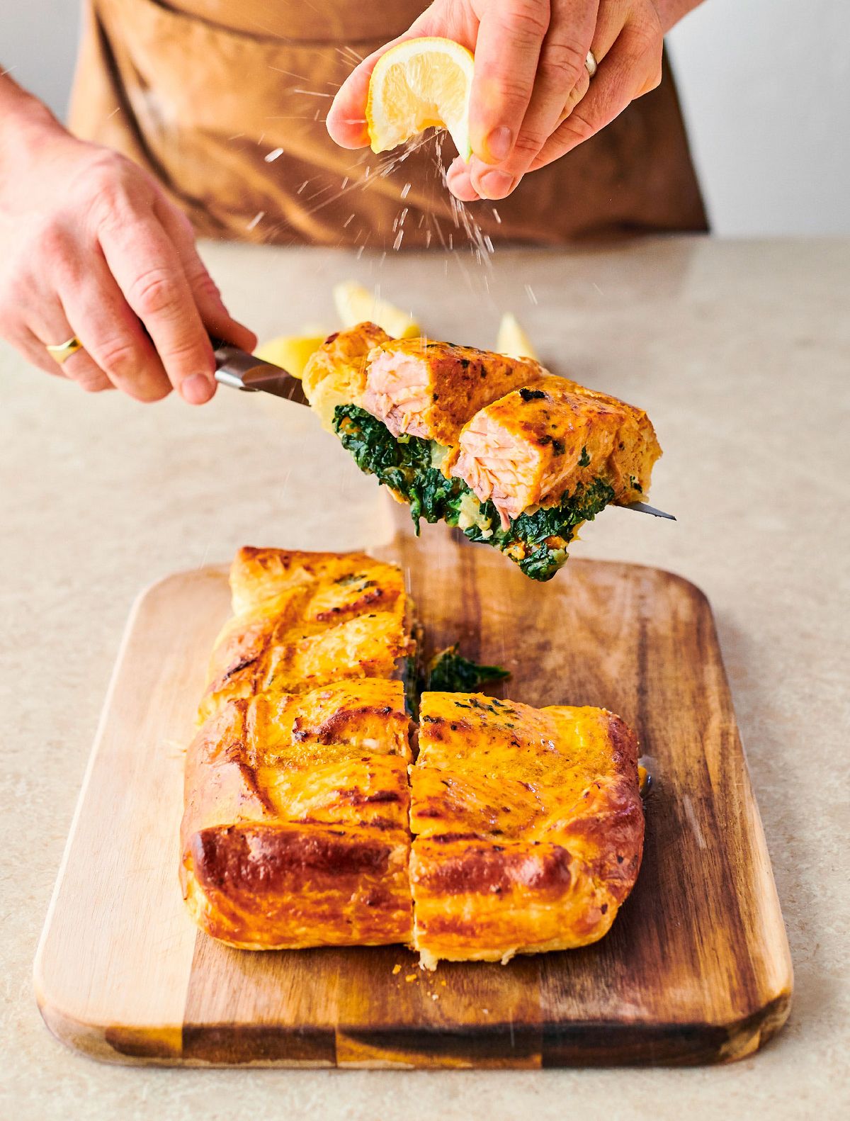 Jamie Oliver’s Easy Salmon en Croute with Tasty Spinach, Baked Red Pesto Sauce and Lemon