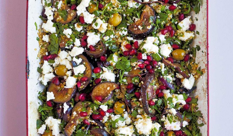 Spiced Aubergines with Feta and Pomegranate | Easy Traybake Recipe