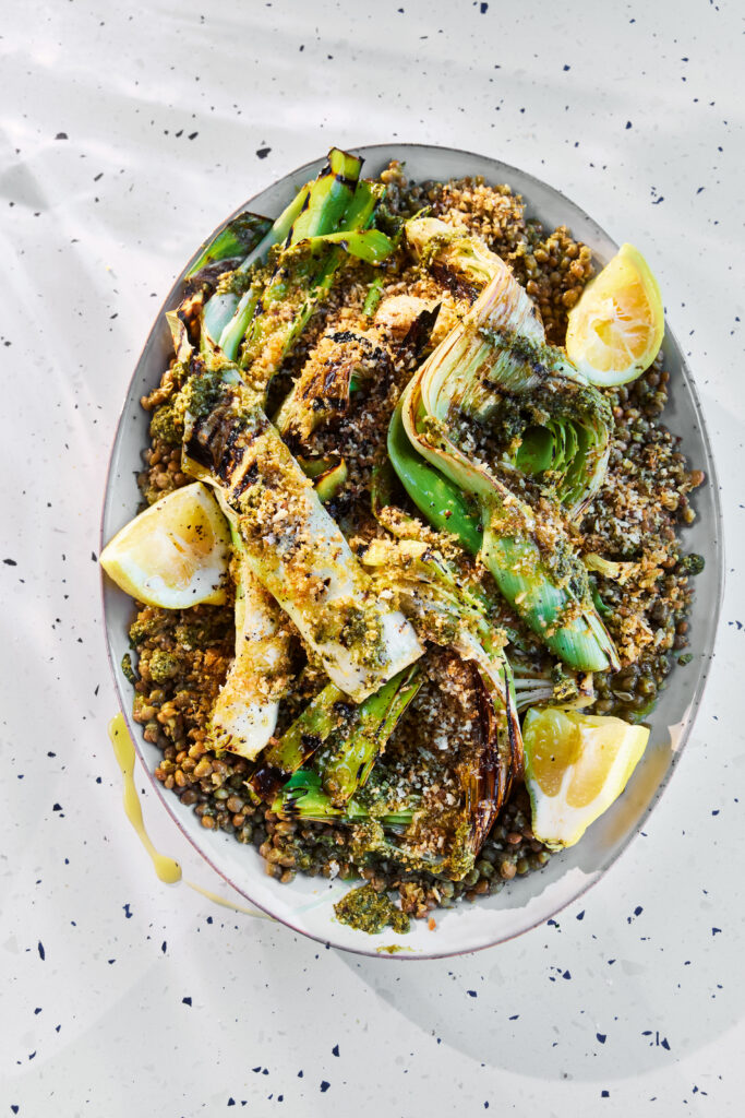 pesto lentils and lemony leeks mob