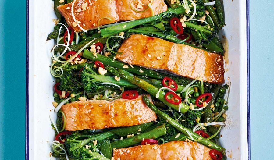 Sticky Soy and Honey Roasted Salmon with Asparagus and Sugar Snap Peas
