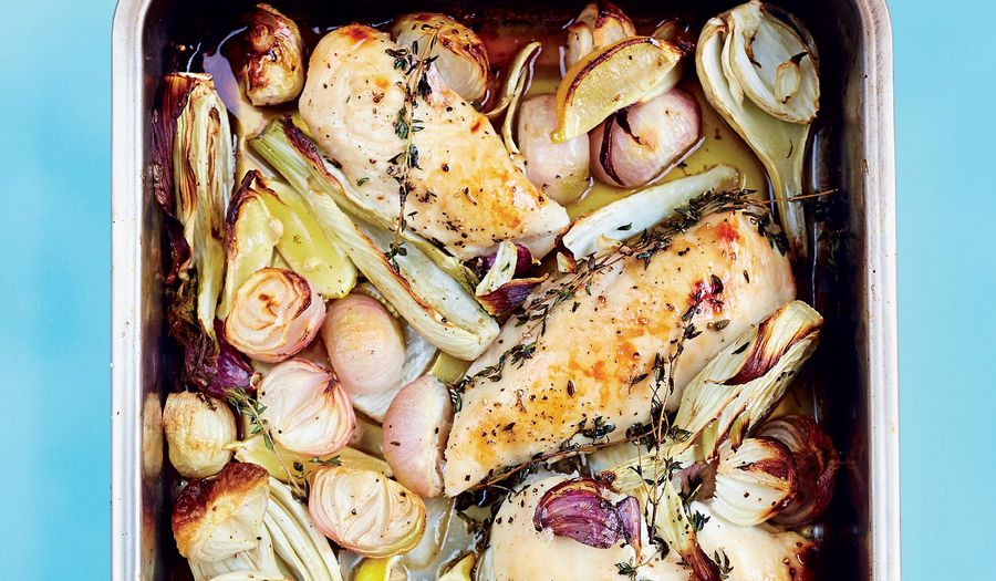 One-tin Roast Chicken with Fennel, Lemon, Shallots, Garlic & Mustard Mayo