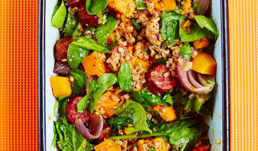 One-tin Spelt with Chorizo, Sweet Potato, Red Onion & Spinach