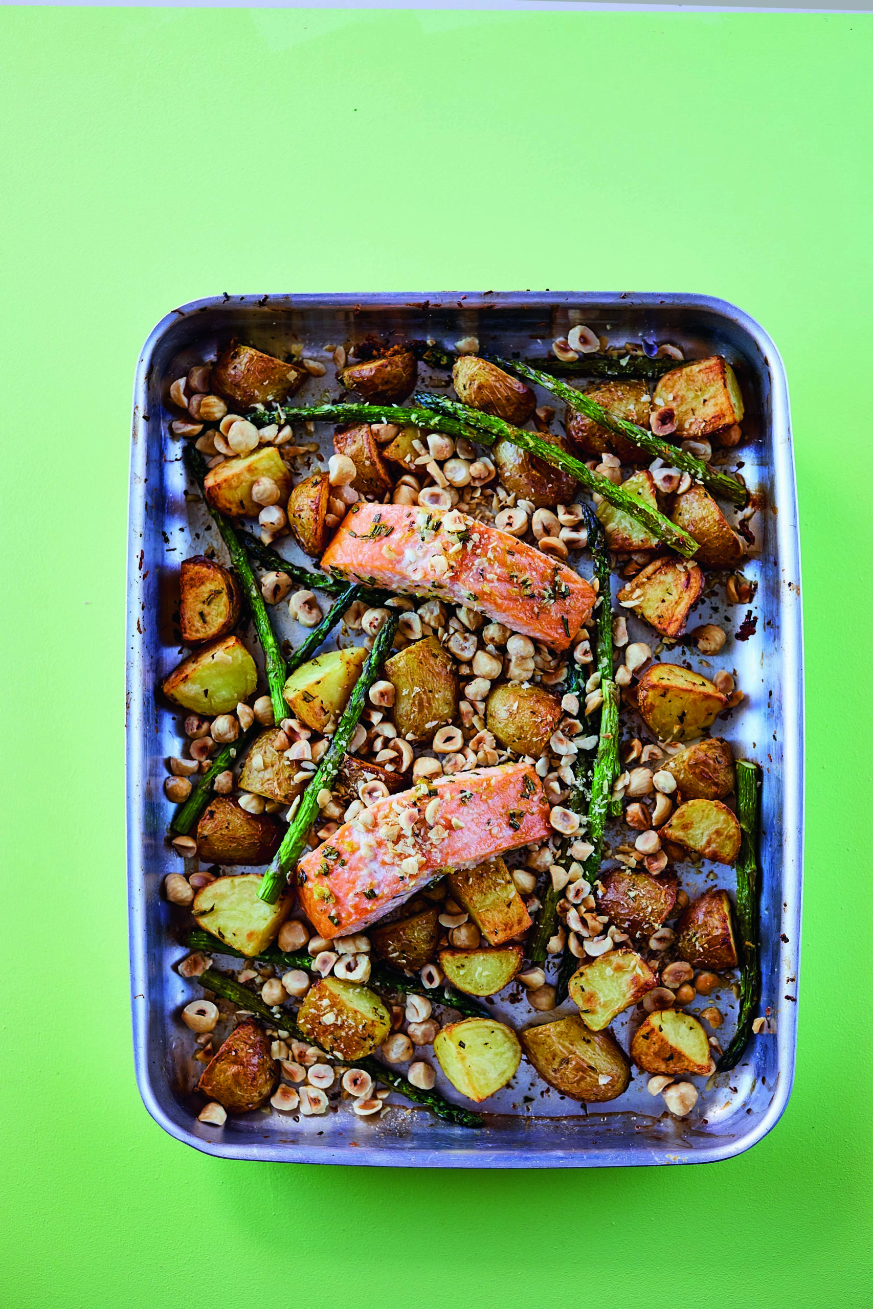 Rukmini Iyer’s Rosemary and Hazelnut Salmon with Roast Potatoes and Asparagus