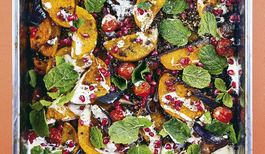 One-tin Roasted Squash with Pomegranate | Vegan Christmas Recipe